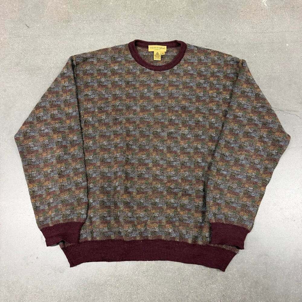 Tricots St Raphael Wool Checkered Knit Crewneck Sweater Men's XL Vintage